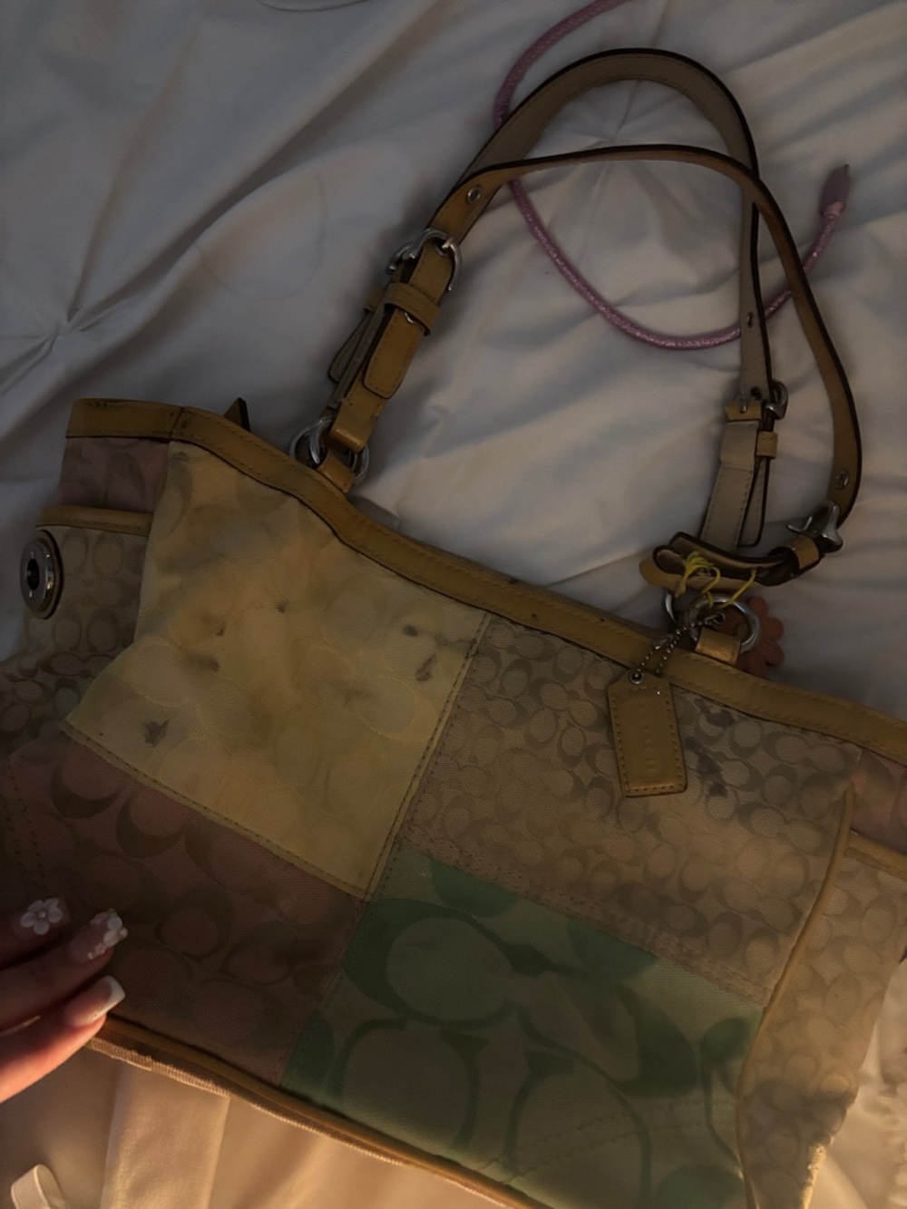 Coach Patchwork Signature Shoulder Bag in Beige, Pink, Yellow & Green